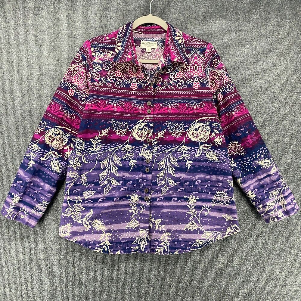 Norm Thompson Blouse Top‎ Womens 12 Purple Floral Button Up Tunic Artsy Western